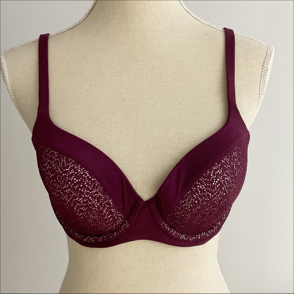 Victoria’s Secret Body by Victoria Lined Demi Bra Size 32DD Maroon Lace Beige - Picture 1 of 8